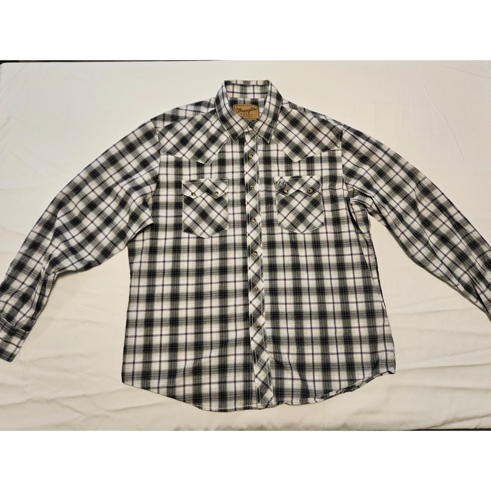Wrangler Retro Men's XL Pearl Snap Western Plaid Shirt Purple White Long Sleeve